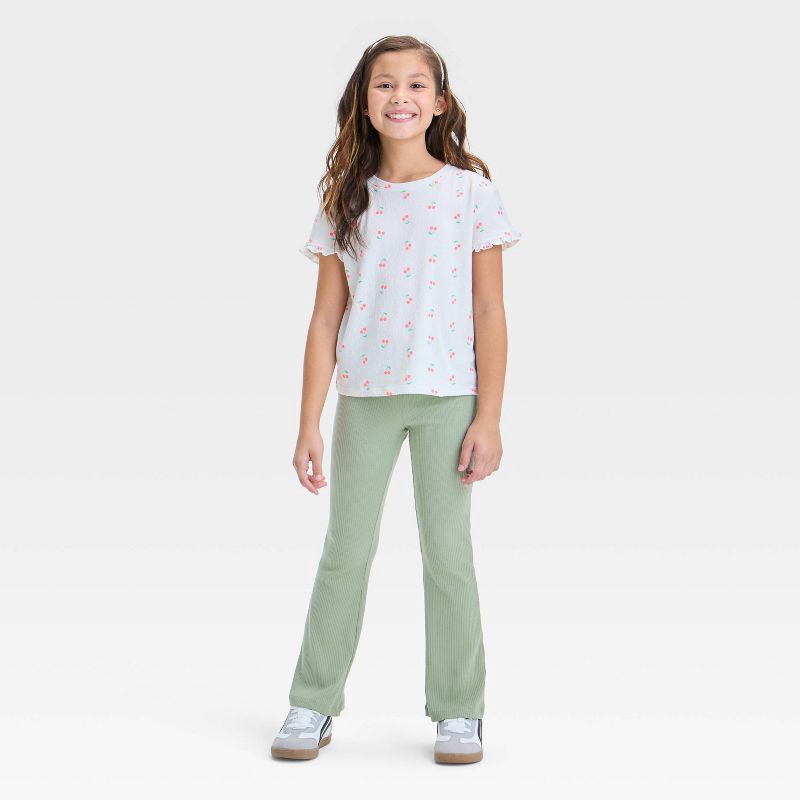 slide 3 of 3, Girls' Short Sleeve Textured Knit 'Cherries' T-Shirt - Cat & Jack™ Cream XL: Ruffle Sleeve, 1 ct