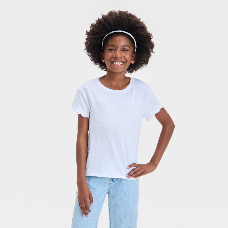 slide 1 of 3, Girls' Short Sleeve Textured Knit T-Shirt - Cat & Jack™ White XL: Ruffle Crew Neck, Midweight Jersey, 1 ct