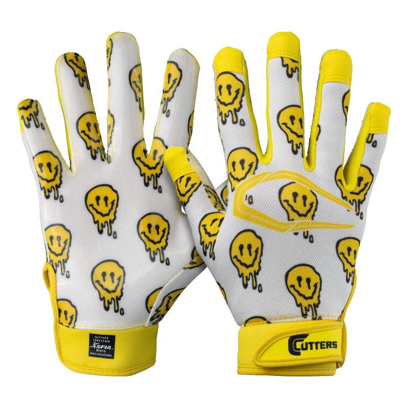slide 1 of 7, Cutters Game Day Receiver Football Gloves Youth - Smile S/M: Strap Closure, Nylon, 1 ct