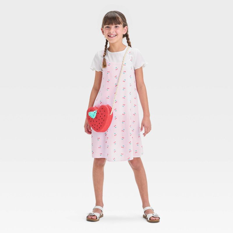 slide 3 of 3, Girls' Short Sleeve Top and Slip Dress - Cat & Jack™ Light Pink/Black XS: Cherry Pattern, Rayon,, 1 ct