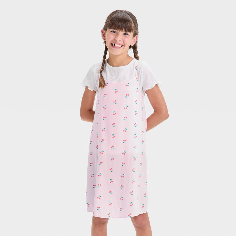 slide 1 of 3, Girls' Short Sleeve Top and Slip Dress - Cat & Jack™ Light Pink/Black XS: Cherry Pattern, Rayon,, 1 ct