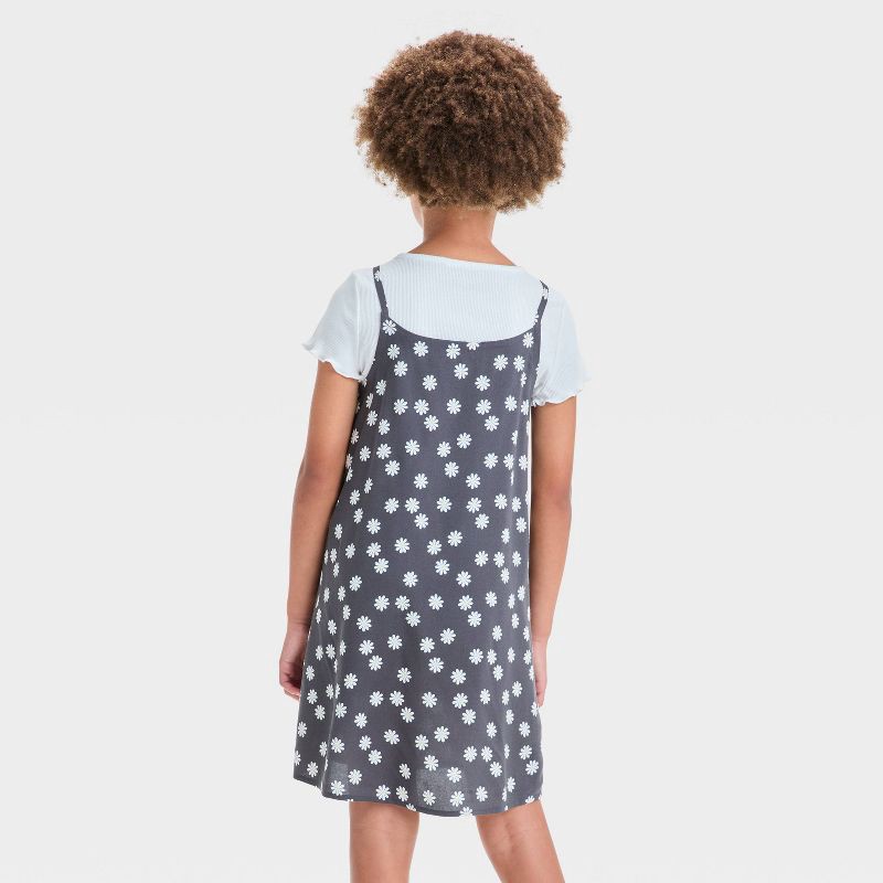slide 2 of 3, Girls' Short Sleeve Top and Slip Dress - Cat & Jack™ Black L: Floral A-Line Dress, T-Shirt Set, 1 ct