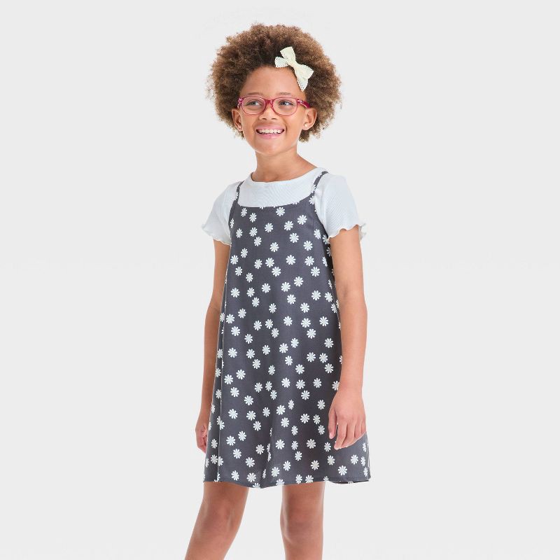 slide 1 of 3, Girls' Short Sleeve Top and Slip Dress - Cat & Jack™ Black L: Floral A-Line Dress, T-Shirt Set, 1 ct