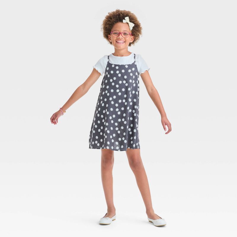 slide 3 of 3, Girls' Short Sleeve Top and Slip Dress - Cat & Jack™ Black L: Floral A-Line Dress, T-Shirt Set, 1 ct