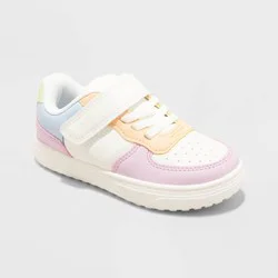 Toddler Jaid Solid Court Sneakers - Cat & Jack™ White/Blue/Pink 11T: Faux Leather, Hook and Loop Closure, Non-Marking Sole, Closed Round Toe