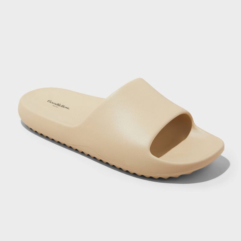 slide 1 of 4, Men's Kendrix Slide Sandals - Goodfellow & Co™ Tan 13: Slip On, Contoured Footbed, Open Toe, 1 ct