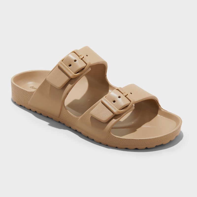 slide 1 of 4, Men's Carson Two Band Sandals - Goodfellow & Co™ Tan 8: Slip-On, Open Toe, Non-Marking Outsole, 1 ct