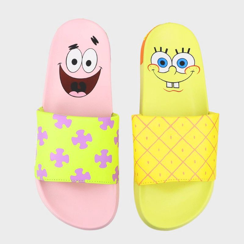 slide 1 of 5, Men's SpongeBob Slides - Yellow/Pink 9: Nickelodeon Sandals, Open Toe, Medium Width, 1 ct