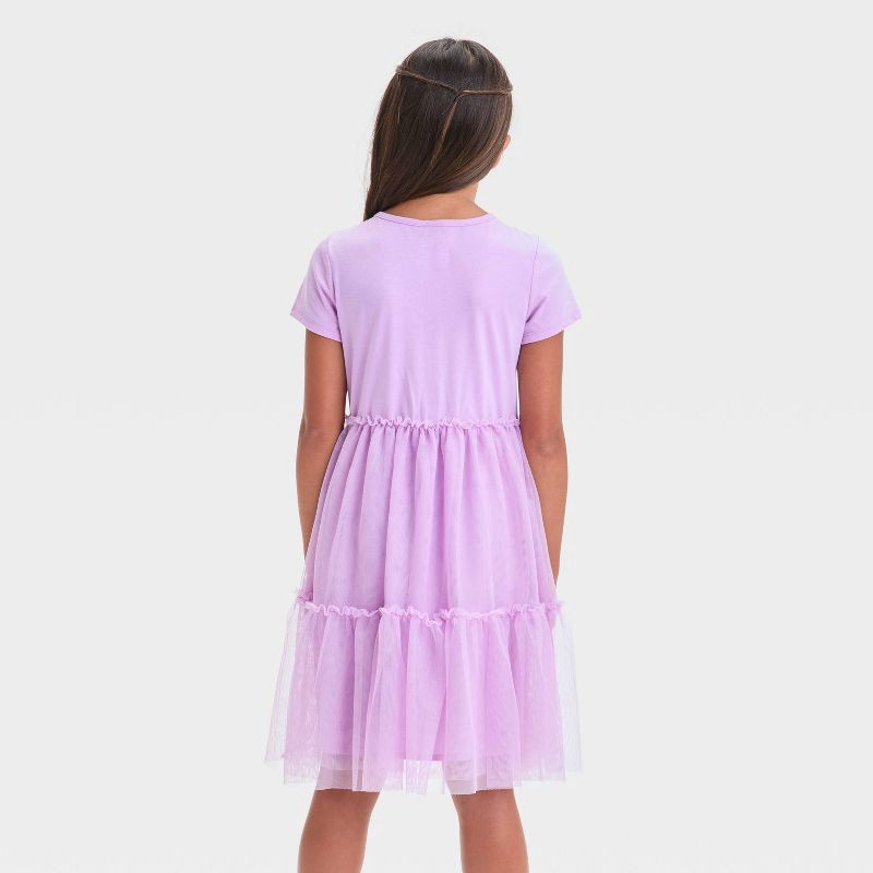slide 2 of 3, Girls' Short Sleeve Knit Tulle Tiered Dress - Cat & Jack™ Lilac Purple M: Pullover, A-Line, 1 ct