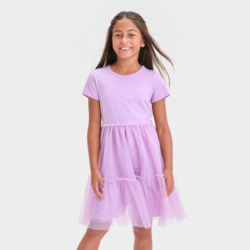 slide 1 of 3, Girls' Short Sleeve Knit Tulle Tiered Dress - Cat & Jack™ Lilac Purple M: Pullover, A-Line, 1 ct