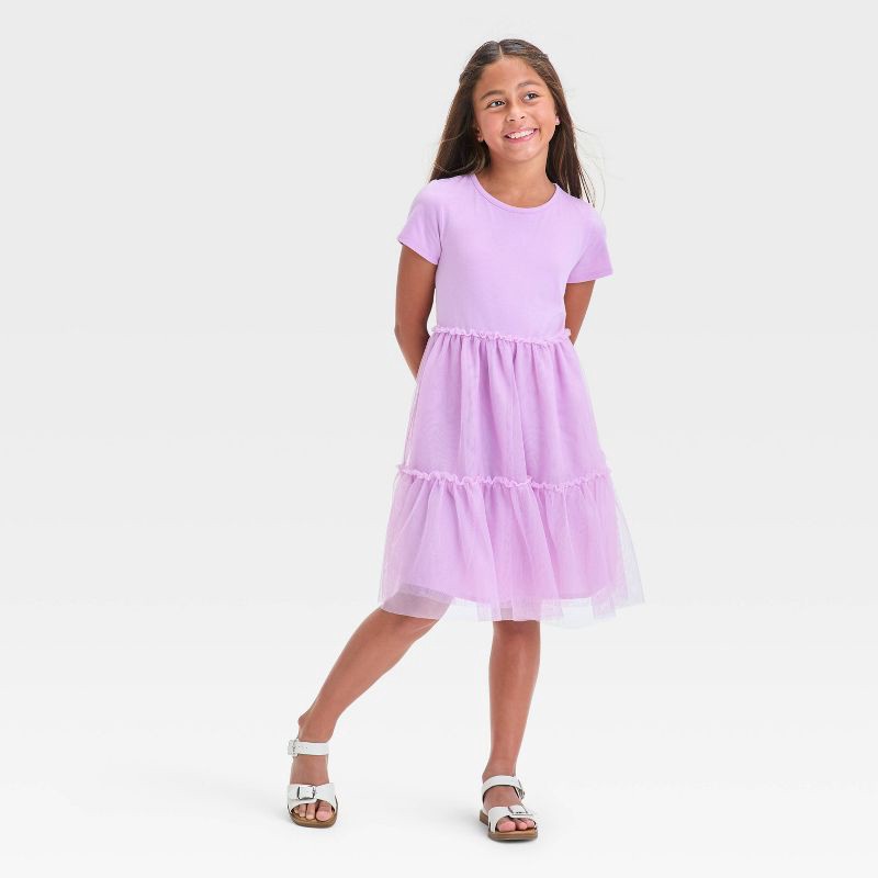 slide 3 of 3, Girls' Short Sleeve Knit Tulle Tiered Dress - Cat & Jack™ Lilac Purple M: Pullover, A-Line, 1 ct