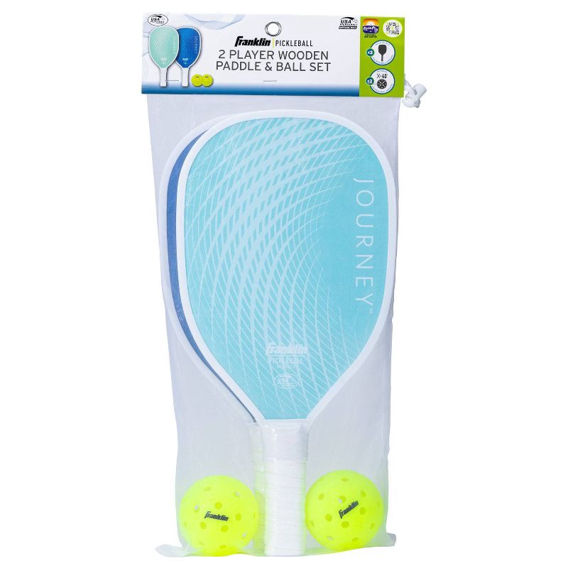 slide 2 of 7, Franklin Sports 2 Player Journey Paddle Ball Set in Mesh Bag - Navy/Turquoise: Wood, 11.75" Head, 1 ct