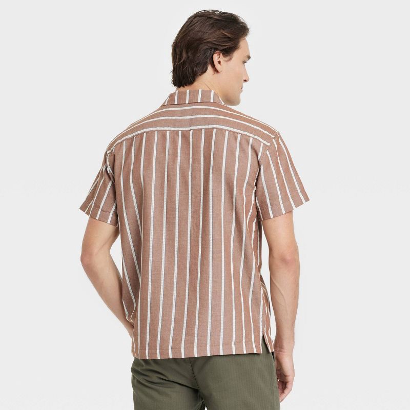 slide 2 of 3, Men's Short Sleeve Striped Camp Button-Down Shirt - Goodfellow & Co™ Light Beige S: Casual Cotton Woven Top, 1 ct