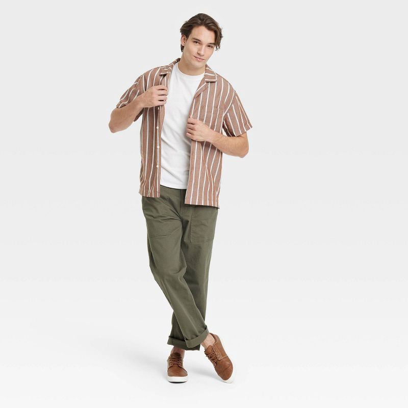 slide 3 of 3, Men's Short Sleeve Striped Camp Button-Down Shirt - Goodfellow & Co™ Light Beige S: Casual Cotton Woven Top, 1 ct