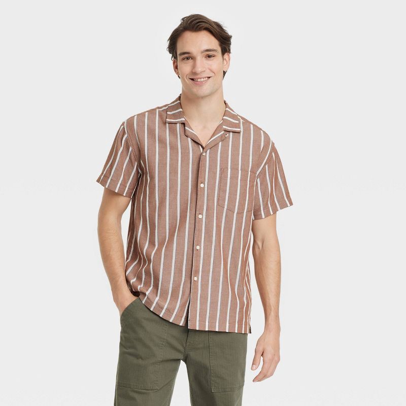 slide 1 of 3, Men's Short Sleeve Striped Camp Button-Down Shirt - Goodfellow & Co™ Light Beige S: Casual Cotton Woven Top, 1 ct