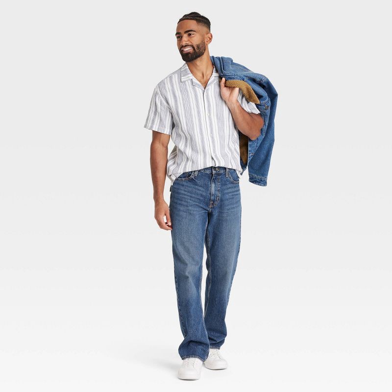 slide 3 of 3, Men's Striped Short Sleeve Slub Camp Button-Down Shirt - Goodfellow & Co™ Ivory XL: Casual Fit, Lightweight Cotton Blend, 1 ct