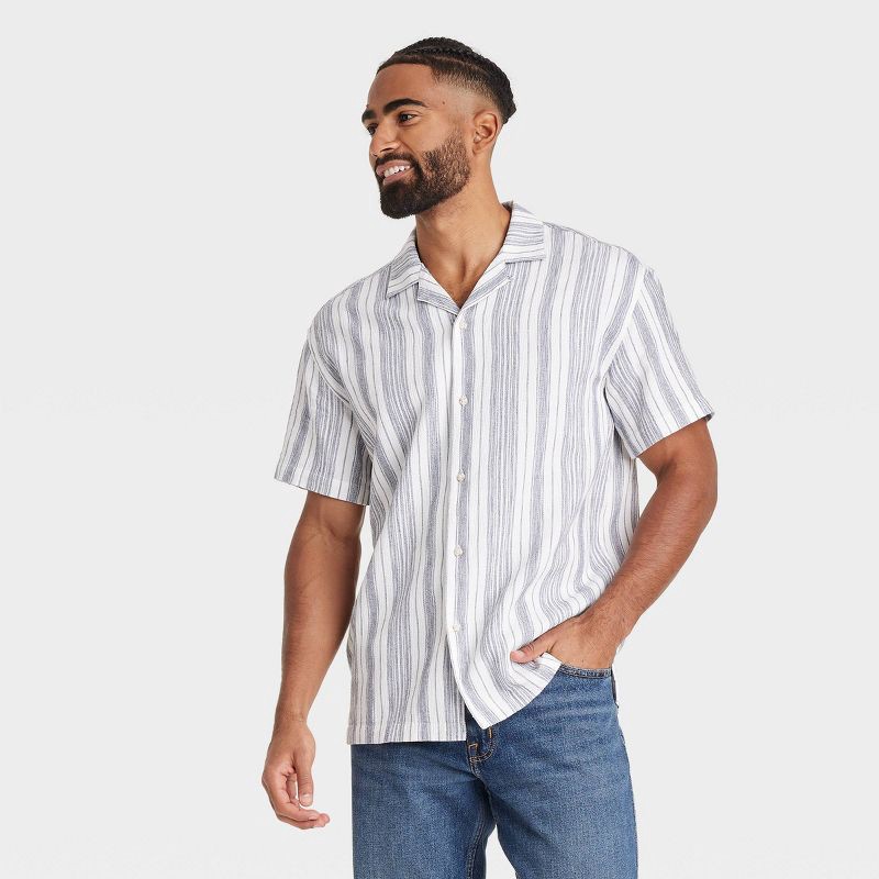 slide 1 of 3, Men's Striped Short Sleeve Slub Camp Button-Down Shirt - Goodfellow & Co™ Ivory XL: Casual Fit, Lightweight Cotton Blend, 1 ct
