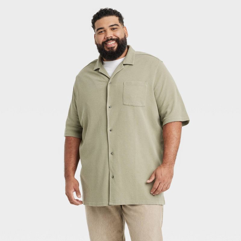 slide 1 of 3, Men's Short Sleeve Knit Button-Down Shirt - Goodfellow & Co™ Green S: Front Pocket, 1 ct
