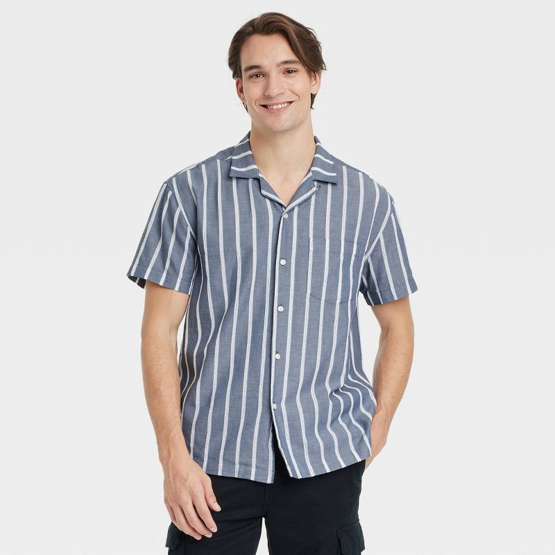 slide 1 of 3, Men's Short Sleeve Striped Camp Button-Down Shirt - Goodfellow & Co™ Blue XXL: Casual Fit, Lightweight Cotton, Front Pocket, 1 ct