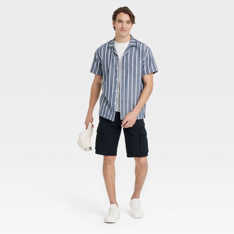 slide 3 of 3, Men's Short Sleeve Striped Camp Button-Down Shirt - Goodfellow & Co™ Blue XXL: Casual Fit, Lightweight Cotton, Front Pocket, 1 ct