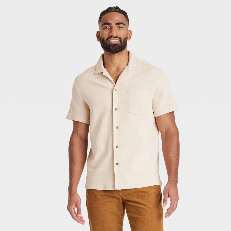 slide 1 of 3, Men's Short Sleeve Knit Button-Down Shirt - Goodfellow & Co™ Light Beige XXL: Front Pocket, 1 ct