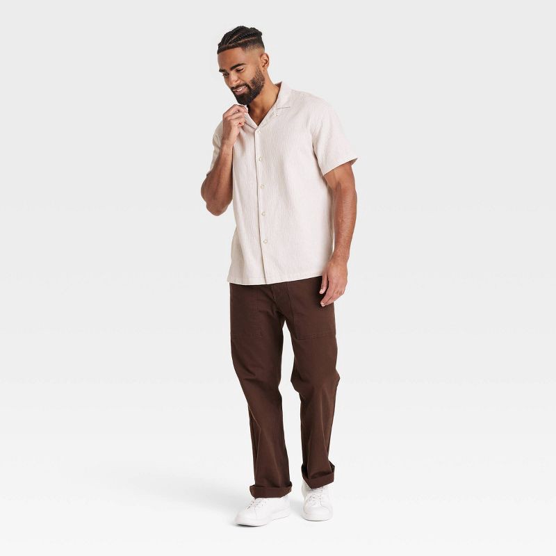 slide 3 of 3, Men's Short Sleeve Slub Camp Button-Down Shirt - Goodfellow & Co™ Tan S, 1 ct