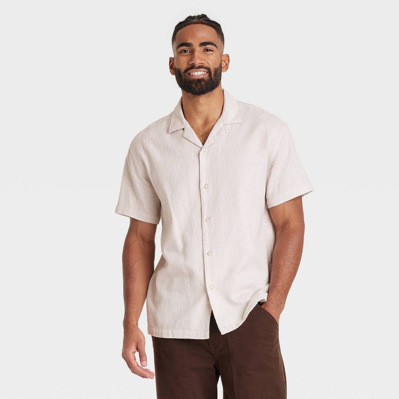 slide 1 of 3, Men's Short Sleeve Slub Camp Button-Down Shirt - Goodfellow & Co™ Tan S, 1 ct
