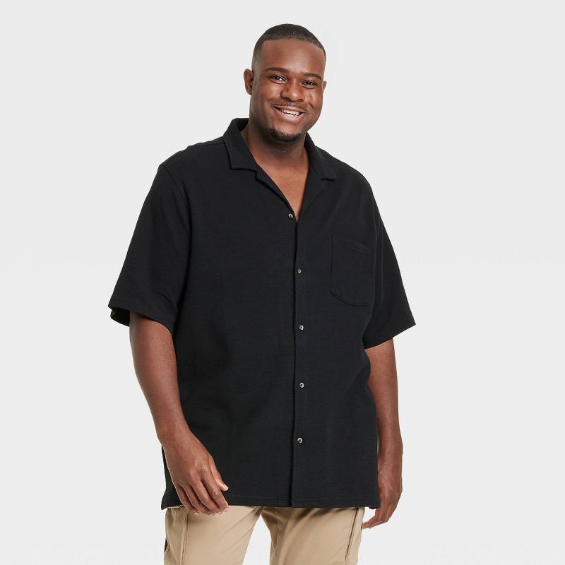 slide 1 of 3, Men's Short Sleeve Knit Button-Down Shirt - Goodfellow & Co™ Black S: Front Pocket, Doubleknit, 1 ct
