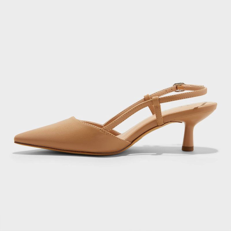 slide 2 of 4, Women's Annette Slingback Kitten Heels with Memory Foam Insole - A New Day™ Tan 9: Closed Pointed Toe, Non-Marking Outsole, 1 ct