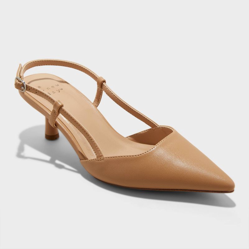 slide 1 of 4, Women's Annette Slingback Kitten Heels with Memory Foam Insole - A New Day™ Tan 9: Closed Pointed Toe, Non-Marking Outsole, 1 ct