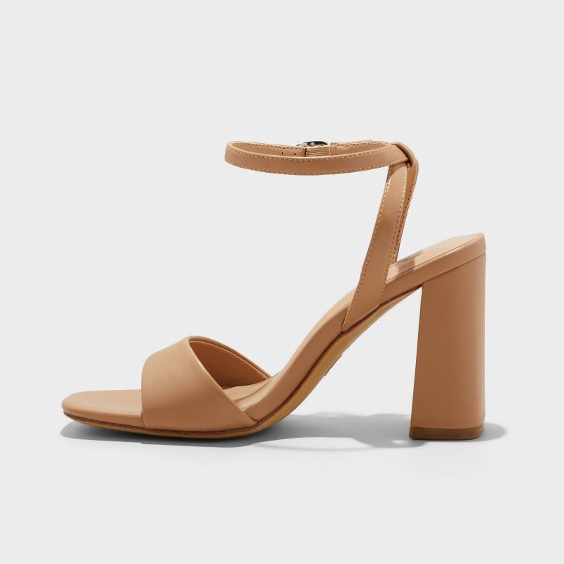 slide 2 of 4, Women's Haley Ankle Strap Single Band Flare Heels with Memory Foam Insole - A New Day™ Tan 11: Block Heel, Open Square Toe, 1 ct