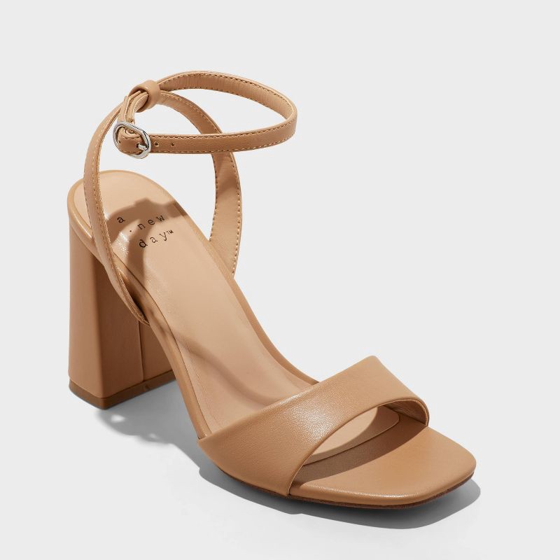 slide 1 of 4, Women's Haley Ankle Strap Single Band Flare Heels with Memory Foam Insole - A New Day™ Tan 7: Block Heel, Open Square Toe, 1 ct