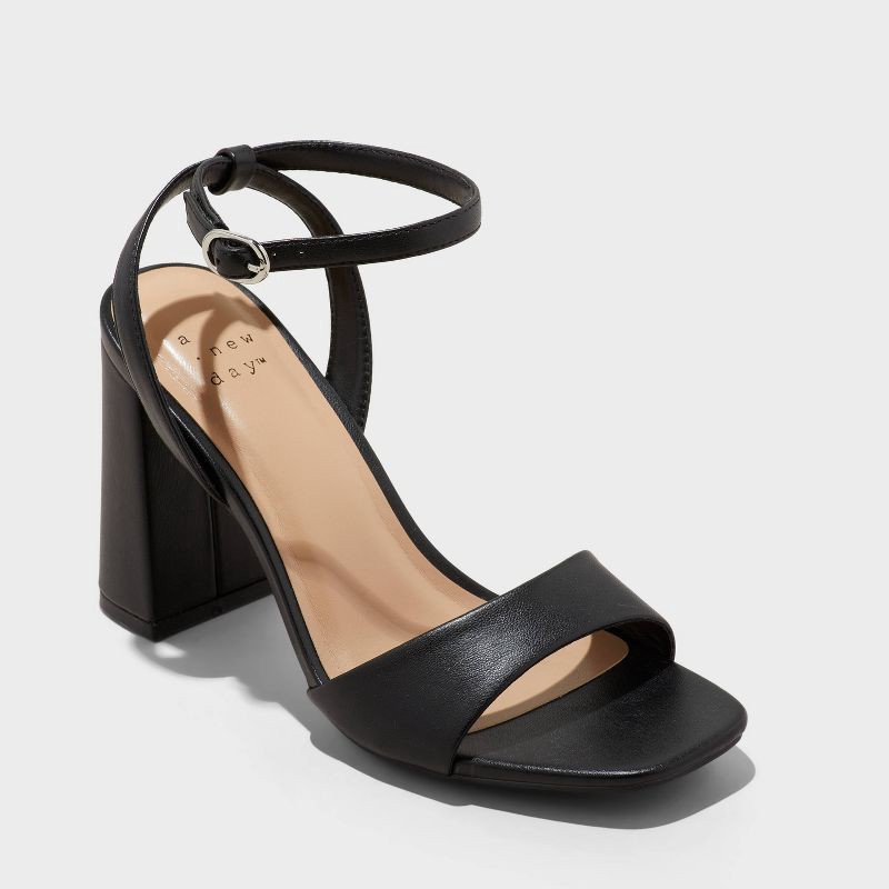 slide 1 of 4, Women's Haley Ankle Strap Single Band Flare Heels with Memory Foam Insole - A New Day™ Black 8.5: Block Heel, Open Toe, 1 ct