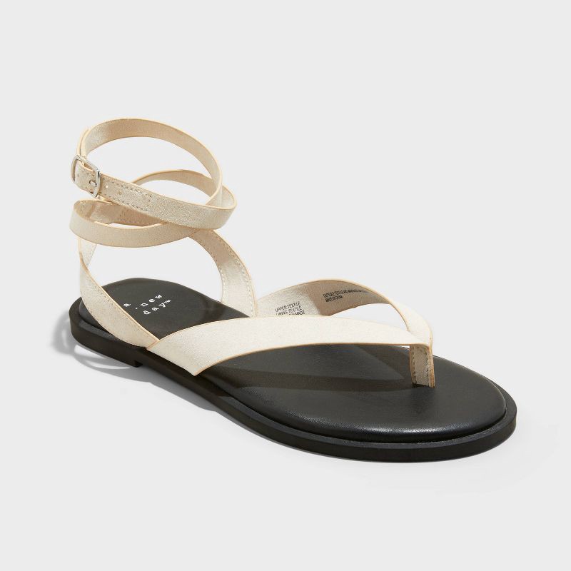 slide 1 of 4, Women's Tarin Ankle Wrap Thong Sandals - A New Day™ Cream 10: Cushioned Footbed, Adjustable Ankle Strap, 1 ct