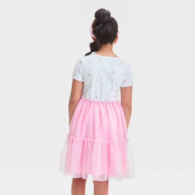 slide 2 of 3, Girls' Short Sleeve Knit Tulle Tiered Dress - Cat & Jack™ Pink XL: Botanical Pattern, Adjustable Waistband, Pullover Style, 1 ct