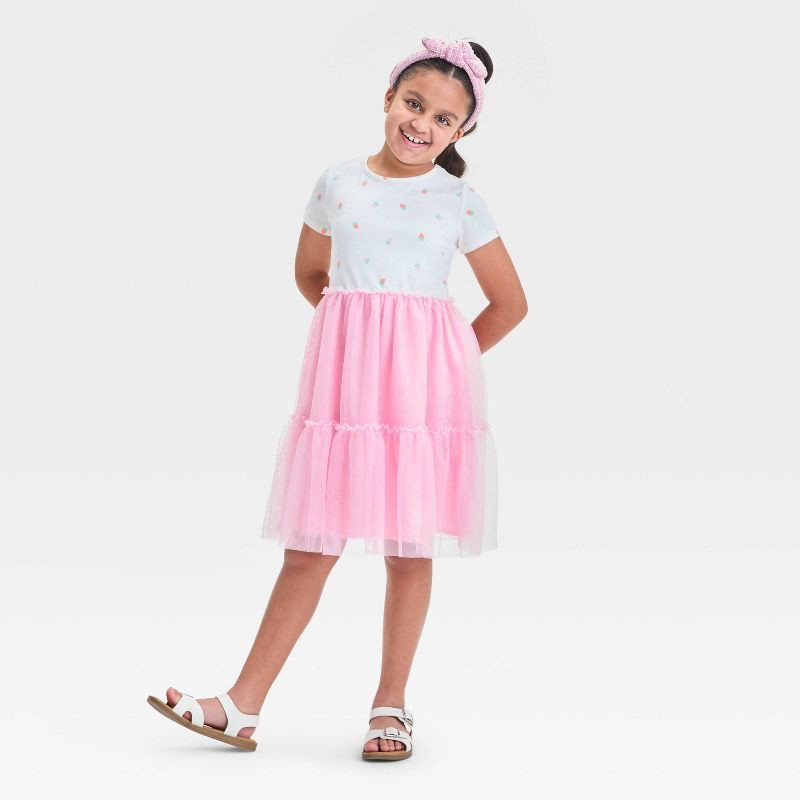 slide 3 of 3, Girls' Short Sleeve Knit Tulle Tiered Dress - Cat & Jack™ Pink XL: Botanical Pattern, Adjustable Waistband, Pullover Style, 1 ct