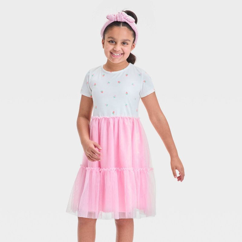 slide 1 of 3, Girls' Short Sleeve Knit Tulle Tiered Dress - Cat & Jack™ Pink XL: Botanical Pattern, Adjustable Waistband, Pullover Style, 1 ct