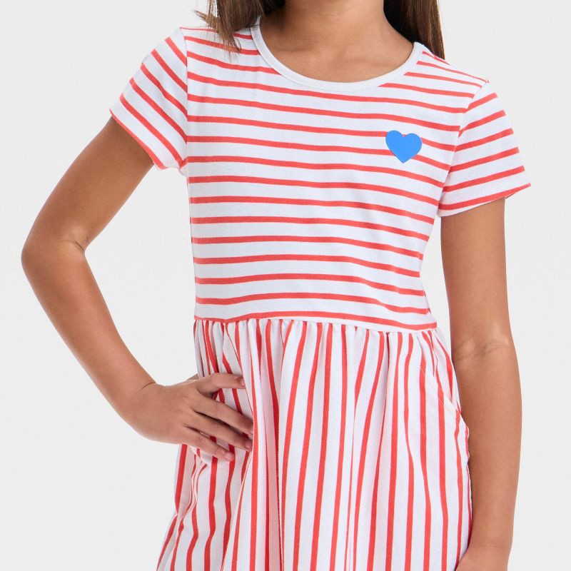slide 2 of 4, Girls' Short Sleeve Striped Dress - Cat & Jack™ Cream/Pink M: Skater Style, Jersey Fabric, 1 ct