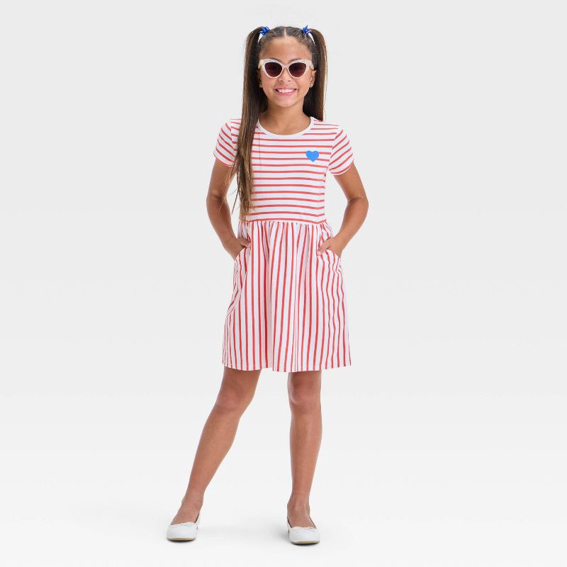 slide 4 of 4, Girls' Short Sleeve Striped Dress - Cat & Jack™ Cream/Pink M: Skater Style, Jersey Fabric, 1 ct