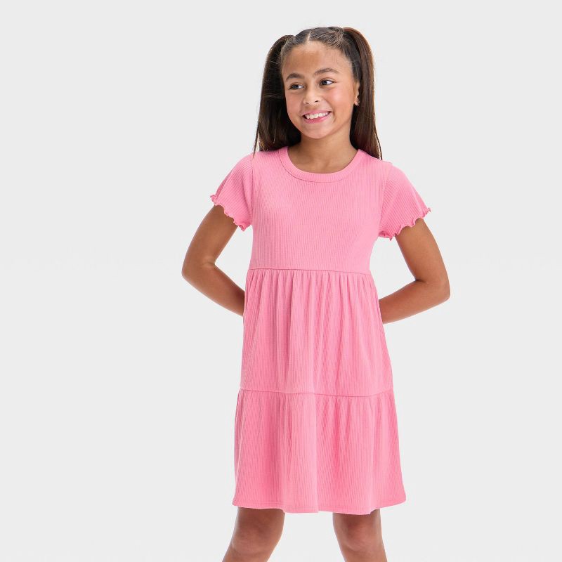slide 1 of 3, Girls' Short Sleeve Tiered Ribbed Dress - Cat & Jack™ Medium Pink L: Cotton Blend, Skater Style, Side Pocket, Crew Neck, 1 ct