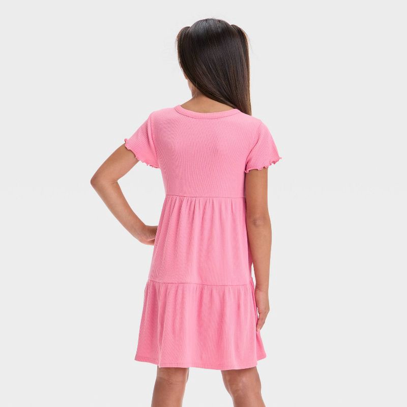slide 2 of 3, Girls' Short Sleeve Tiered Ribbed Dress - Cat & Jack™ Medium Pink XL: Lightweight Pullover Skater with Pockets, 1 ct