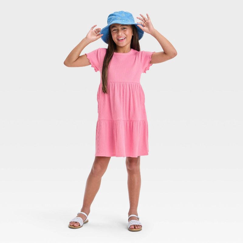 slide 3 of 3, Girls' Short Sleeve Tiered Ribbed Dress - Cat & Jack™ Medium Pink XL: Lightweight Pullover Skater with Pockets, 1 ct