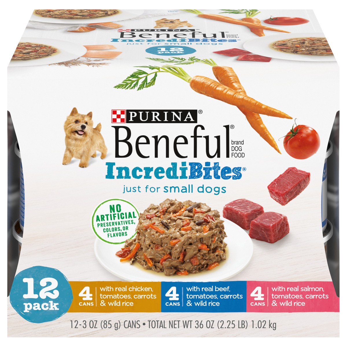 slide 1 of 9, Purina Beneful Small Breed Wet Dog Food Variety Pack, IncrediBites With Real Beef, Chicken or Salmon - (12) 3 oz. Cans, 12 ct