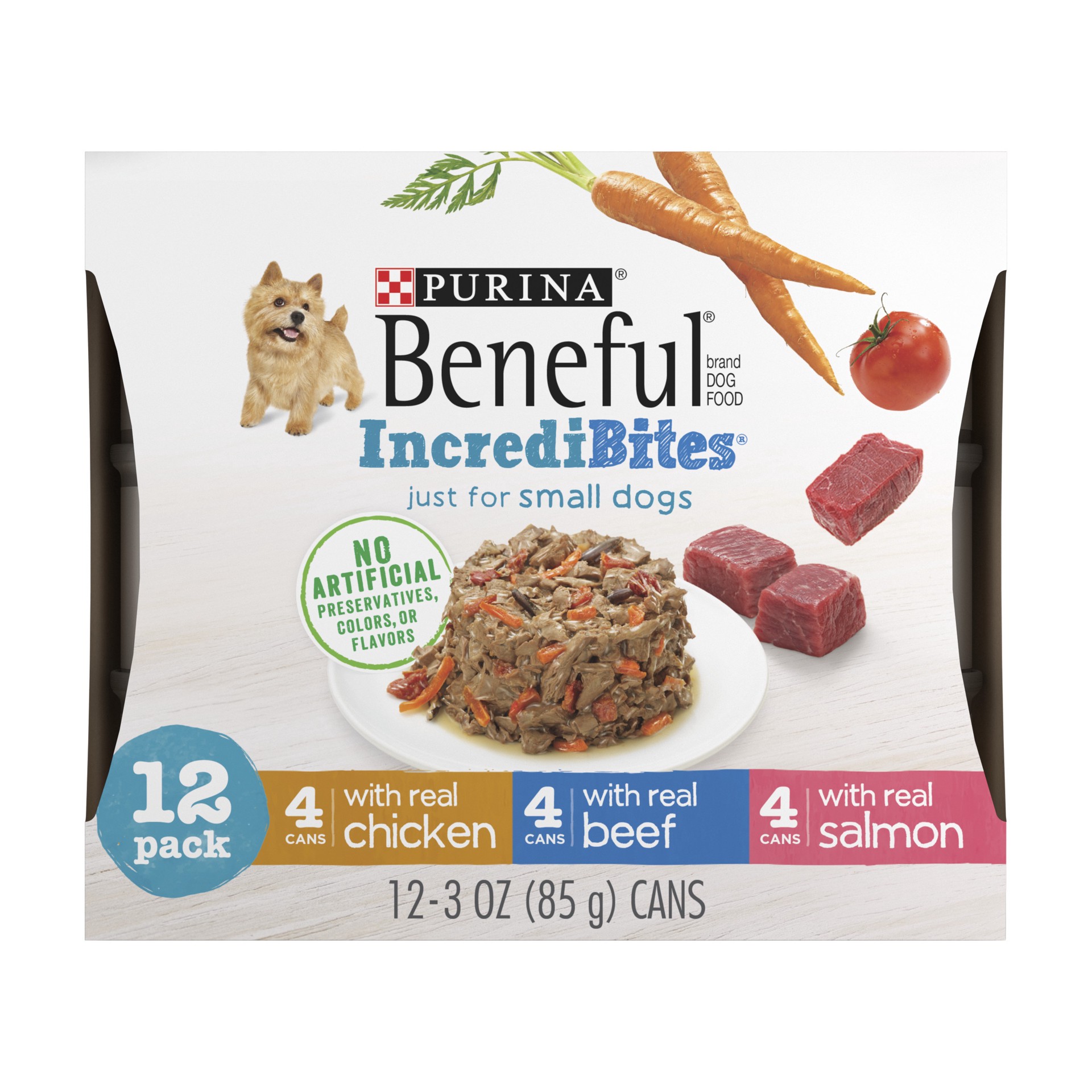 slide 1 of 9, Beneful Purina Beneful Small Breed Wet Dog Food Variety Pack, IncrediBites With Real Beef, Chicken or Salmon, 2.25 lb