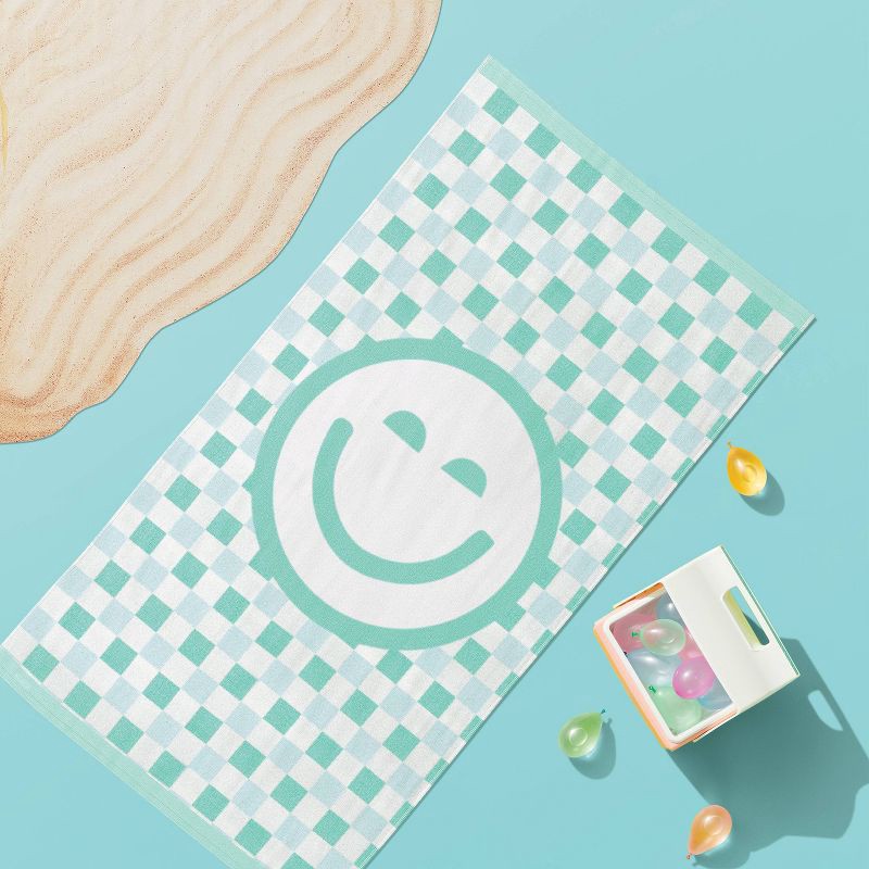 slide 2 of 3, Checkered Smile Beach Towel Aqua - Sun Squad™, 1 ct