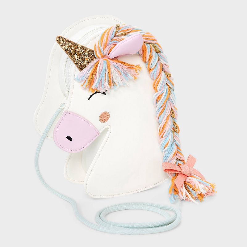 slide 2 of 4, Girls' Unicorn Shaped with Braided Mane Crossbody Bag - Cat & Jack™️ White: Faux Leather, Structured Design, 1 ct