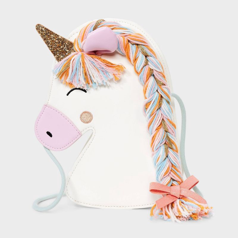 slide 1 of 4, Girls' Unicorn Shaped with Braided Mane Crossbody Bag - Cat & Jack™️ White: Faux Leather, Structured Design, 1 ct