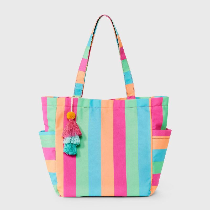 slide 1 of 4, Girls' Canvas Beach Tote Bag - Cat & Jack™️: Striped Softside Handbag, Double Shoulder Handles, 1 ct