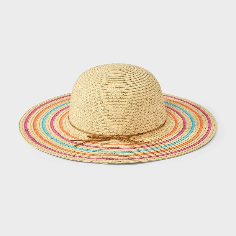 slide 2 of 3, Girls' Paper Straw with Fruit Beads Floppy Sun Hat - Cat & Jack™️: UPF 50+, Lightweight, Multi-Stripe Pattern, 1 ct