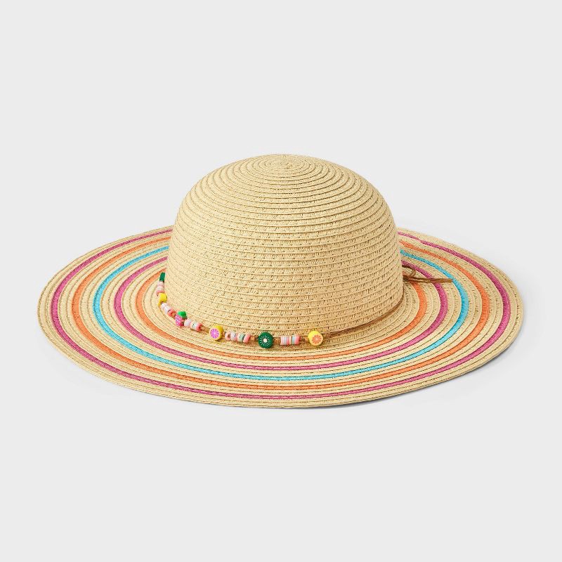 slide 1 of 3, Girls' Paper Straw with Fruit Beads Floppy Sun Hat - Cat & Jack™️: UPF 50+, Lightweight, Multi-Stripe Pattern, 1 ct